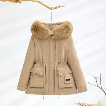 New lucky grass big fur collar model fleece drawstring slim hooded pie to overcome M хаки