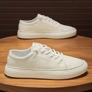 New Man 2024 Spring Mens Casual Shoes Comfortable Flat Footwear Fashion Outdoor Anti Slip Soft Sole White Leather Sneaker Canvas 39 бежевый