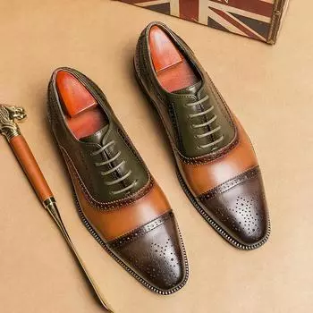 New Men Dress Shoes Brogue Shoes Square Toe Mixed Colors Lace-up Business Shoes for Men with 38