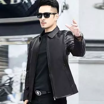 New men s genuine leather jacket, first-layer cowhide down jacket, removable inner liner, fur collar, middle-aged dad outfit M