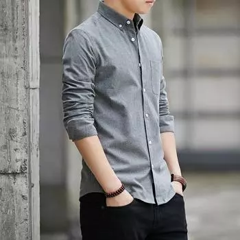 New Men s Long Sleeve Shirt Men s Oxford Woven Casual Shirt Men s Slim Korean Color Shirt S белый