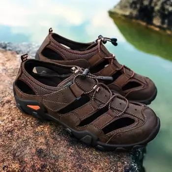 New Men s Sandals High Quality Handmade Leather Casual Shoes Outdoor Water Beach Shoes for Men Summer Non-slip Walking Mocassins 38 чёрный