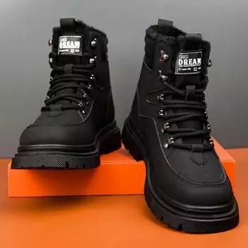 New Men Snow Boots Winter Shoe for Men Tooling Boots Ankle Trendy Anti-slip Shoes Thick Plush Boot for Men Biker Cotton Shoes 39 чёрный