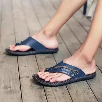 New Mens Flip Flops Summer Slippers Breathable Outdoor Beach Slippers Handmade Leather High Quality Casual Lightweight Sandals 38 синий