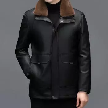 New mid-length genuine leather jacket for men, casual middle-aged fur integrated lapel plus velvet thickened jacket for winter M