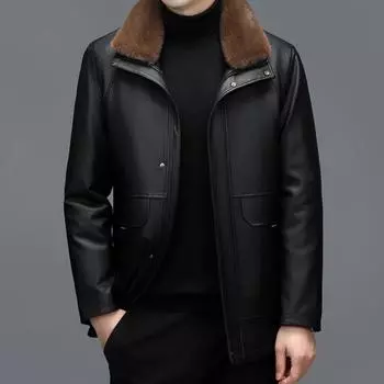 New middle-aged and elderly genuine leather jackets for men, casual fur all-in-one mid-length thickened leather jackets for winter M