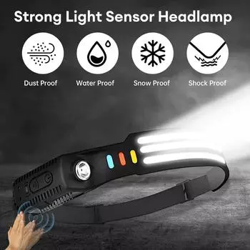 New Multimode LED COB Sensor Headlight Built-In Battery USB Rechargeable Waterproof Headlamp Outdoor Camping Fishing Lantern black