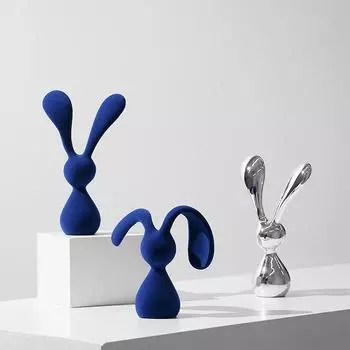 New Nordic Flocking Electrifying Blue Rabbit Animal Sculpture Living Room TV Wine Cabinet Office Desktop Home Decoration Gifts