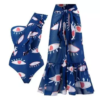 New One-piece Swimsuit for Women Tight Slim Retro Chiffon Skirt Swimsuit Set S