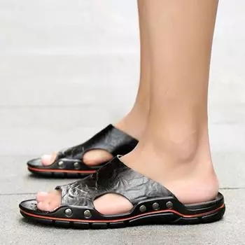 New Outdoor Men s Shoes High Quality Genuine Leather Slippers Men s Sandals Soft Outdoor Slippers Comfortable Beach Sandals 38 чёрный