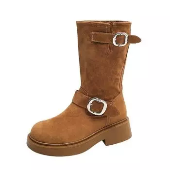 New Platform Flock Metal Buckle Ankle Boots for Women Fashion Soft-soled Women s Designer Shoes Autumn Winter Boots Female 35