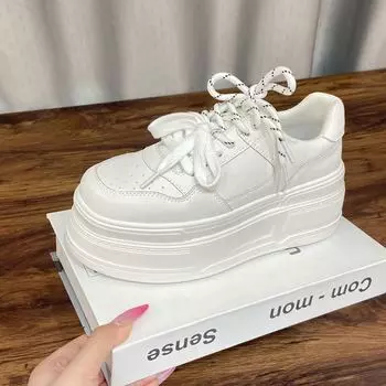 New platform white shoes women s versatile round head small 7cm height increase breathable casual sports board shoes 35