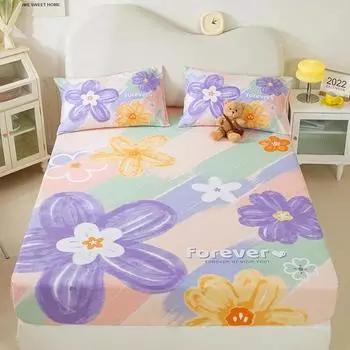 New Purple Flowers Fitted Sheet Set 100% Cotton Printed Fitted Sheet Pillowcases for Kids Boys Girls Bedroom Decor Bedding Set 120x200x25cm 3Pcs