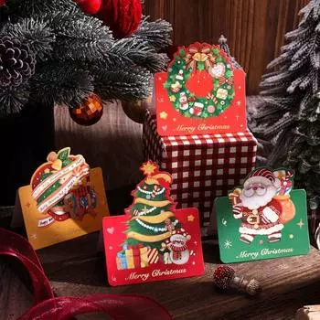 New Retro Merry Christmas Cards Santa Gold Foil Wreath Greeting Cards Xmas Supply Gift Wrap Holiday Family Cards For Winter