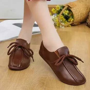 New Round Toe Loafers Women s Lace Up Solid Shoes Woman Pu Leather Flats Female Casual Spring Non-slip Flat Shoes Ladies Zapatos 35 коричневый