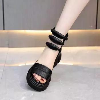 New sandals women s leather surface wear muffin thick-soled open-toed fish mouth cool boots casual fashion sandals 35 чёрный