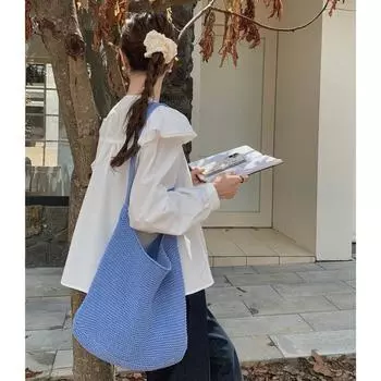 New seaside wind large-capacity bag women s versatile casual small fresh woven wool knitted bag абрикосовый