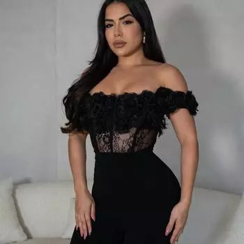 New Sexy One-shoulder Lace See-through Jumpsuit and Slim-fit Trousers for Women S чёрный