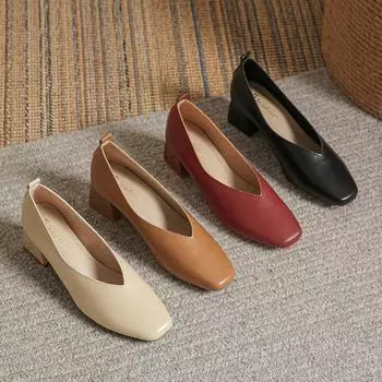 New Shoes for Women Chunky Heels Pumps Concise Designer Soft Leather High Heels Shoes OL Daily Dress Shoes 35 бежевый