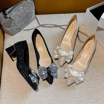 New Shoes for Women Luxury Pumps SpringTwinkling Bowknot High Heels Shoes Ladies Party Dress Shoes Big Size 35 чёрный