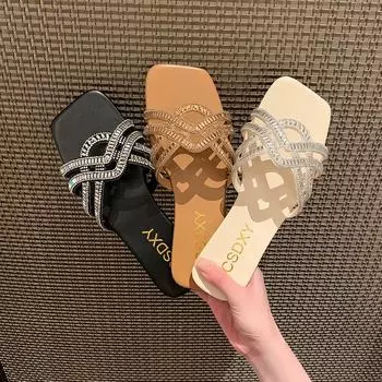 New Slipper Women s Luxury Design Womens Rhinestone Summer Flat Outdoor Fashion Ladies Slippers Casual Party Beach Flip Flops 35 хаки