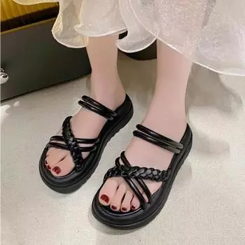 New Slippers Women s Summer Fairy Style Outer Wear Fashion Internet Celebrity Style Pearl Thick Bottom Roman Two Wear Beach 35 бежевый