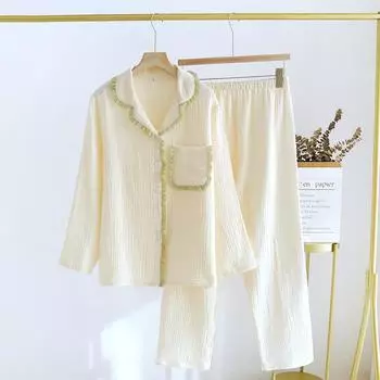 Новый весенне-осенний женский пижамный комплект из 100% хлопка, креповые брюки с длинным рукавом, комплект из двух предметов, свежий и свободный для дома M