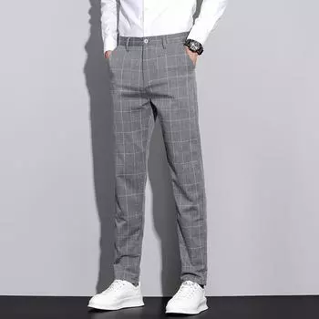 New Spring and Summer Casual Pants for Men Simple Plaid Slim Personality Versatile Straight Trousers for Men 28