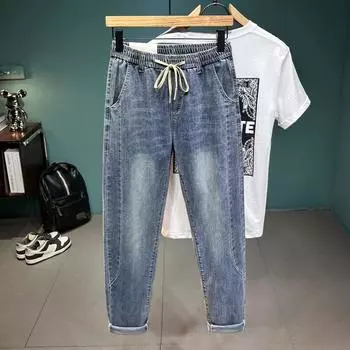 New Spring and Summer Elastic Waist Tie Rope Back Pocket Embossed Fashionable Jeans Men s Trousers 28 синий