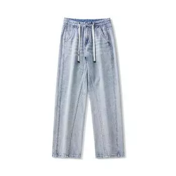 New Spring and Summer Japanese Loose Trousers Drawstring Trendy High-end Jeans Straight Trousers 28 синий