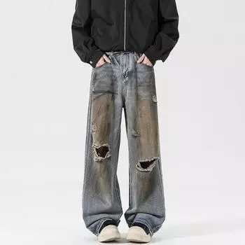 New Spring and Summer Scimitar Pants Dirty Pants Burned Fried Salt Water Washing Street Jeans Trousers S