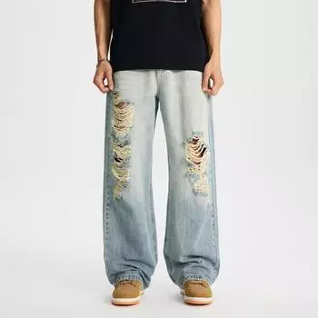 New Spring and Summer Thin Jeans Floor-moving Ripped Ultra-soft Loose Straight Wide-leg Pants S