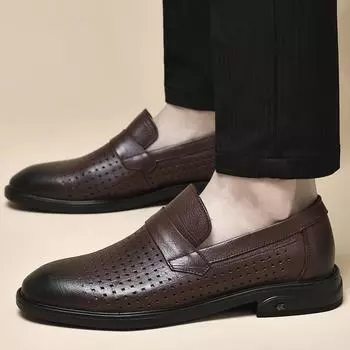 New Spring and Summer Top Layer Fashionable Casual Leather Shoes Hollowed Out Men s Shoes Brand Comfortable Casual Leather Shoes 38 чёрный