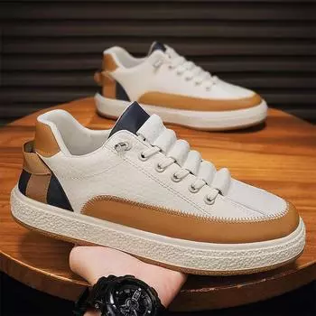 New spring breathable sports casual board shoes comfortable lightweight men s leather thick soled shoes D627 39 бежевый