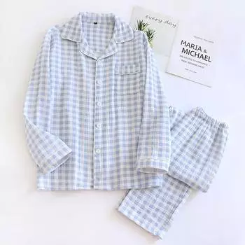 Новый весенний комплект пижамы для пар из 100% хлопка с длинными рукавами, брюки из двух предметов в клетку, домашняя одежда для мужчин и женщин M