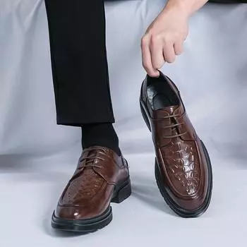 New Spring Fashion Crocodile Pattern Men s Leather Shoes Brand Comfortable Lace Up Business Dress Groom Wedding Wedding Shoes 38 чёрный