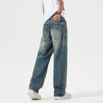 New Spring Jeans Classic Horizontal Bamboo Pattern Loose Straight Wide-leg Dirty Pants Trousers S синий