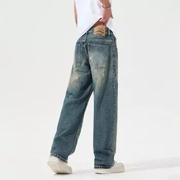 New Spring Jeans Men s Classic Horizontal Bamboo Pattern Loose Straight Wide-leg Dirty Pants S синий