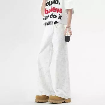 New Spring Style Semi-elastic Waist American High Street Floor Pants Men s Cotton Jeans Trousers S белый