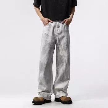 New Spring Tie-dyeed Old Jeans Men s American Straight Wide-leg Loose Work Trousers S белый
