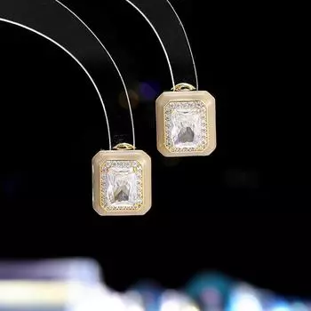 New square drop glaze zircon ear buckle s925 silver needle temperament fashion stud earrings light luxury niche simple geometric earrings
