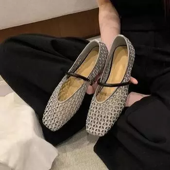 New Square Toe Hollow-out Woven One-Strap Versatile Soft Slip Single Shoes Women s Soft Sole Non-Slip Flats 35 серебряный