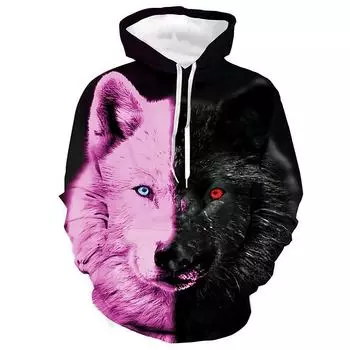 New Street Trend Three-dimensional Animal Wolf Head Digital Printing Men s Casual Hooded Long-sleeved Sweater S