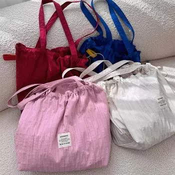 New striped drawstring shoulder bag lazy wind tote cloth bag large capacity commuter bag student class bag бежевый
