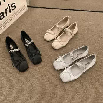New Style Autumn Black Soft Leather Shoes Women Larger Sizes Ballet Flats Pointed Toe Shallow Mouth Slip-on Ladies Loafer Shoes 39 бежевый