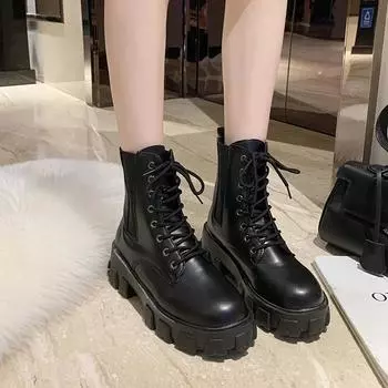 New Style Fashionable and Versatile Temperament Women s Ankle Boots Thick-soled Round-toe Boots Thick-soled Shoes 35 чёрный