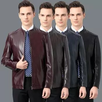 New style leather jacket for young and middle-aged men, autumn thin sheepskin plus velvet stand collar leather jacket, men s dad wear M