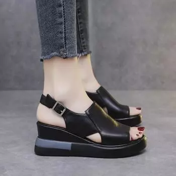 New Style Summer Wedge Platform Sandals Fashion Retro Luxury Beach Shoes Ladies Casual Peep Toe Soft Comfortable Sandalias 35 бежевый
