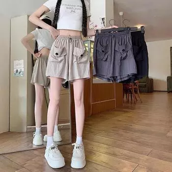 New Summer Design Touch Pocket Work Pants for Women Loose Wide-leg Casual Pants Versatile High-waist Shorts S