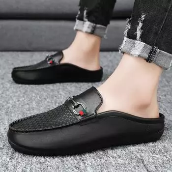 New Summer Half Sandals for Men Luxury Brand Comfortable Casual Shoes Leather Slip On Loafers Walking Shoes Business Mocassins 39 чёрный